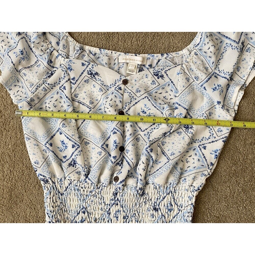 Monteau Los Angeles Blue & White Patchwork Floral Flutter Sleeve Crop Top Size L - Picture 8 of 11
